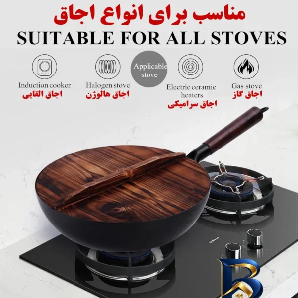 نمای بسته بندی تابه ووگ چدنی با دسته بلند و روکش بایو گرانیت برچسب و بسته بندی