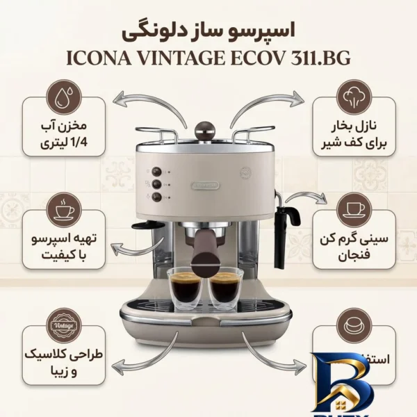 نمای بسته بندی اسپرسوساز ۱۴۰۰ میلی لیتری دلونگی مدل ICONA VINTAGE ECOV ۳۱۱.BG، مناسب تهیه اسپرسو، کاپوچینو، ماکیاتو و لانگو،
