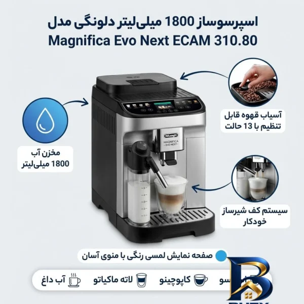نمای بسته بندی اسپرسو ساز ۱۸۰۰ میلی لیتر دلونگی مدل Magnifica Evo Next ECAM 310.80 برچسب و بسته بندی