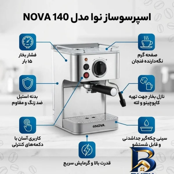 نمای بسته بندی اسپرسوساز خانگی نوا مدل NOVA ۱۴۰، با مصرف پودر قهوه، مناسب تهیه اسپرسو، کافه لاته و کاپوچینو، دارای ۱ عدد نازل