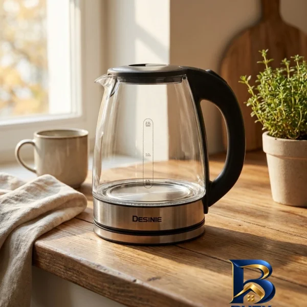 نمای بسته بندی کتری برقی دسینی مدل Glass jugs با گنجایش 2 لیتر برچسب و بسته بندی