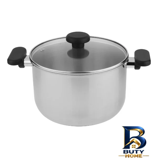 نمای بسته بندی قابلمه استیل ایکیا با دو دسته و روکش شیشه ای برچسب و بسته بندی