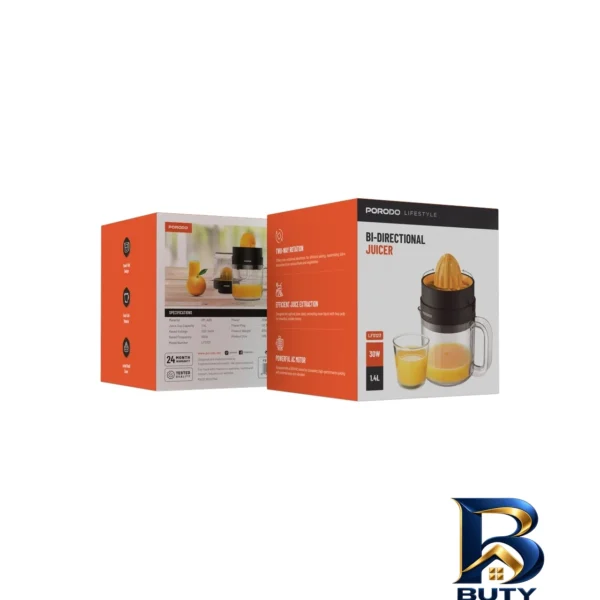 نمای بسته بندی آبمیوه گیری پرودو مدل PD-LFST۱۲۳-BK اصل برچسب و بسته بندی