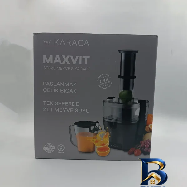نمای بسته بندی آبمیوه گیری کاراجا مدل MAXVIT با موتور قدرتمند برچسب و بسته بندی
