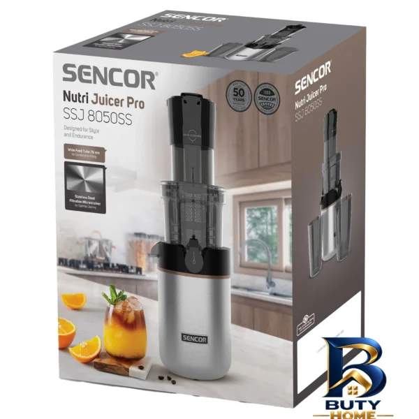 نمای بسته بندی آبمیوه گیری سنکور مدل SSJ 8050SS با طراحی مدرن برچسب و بسته بندی