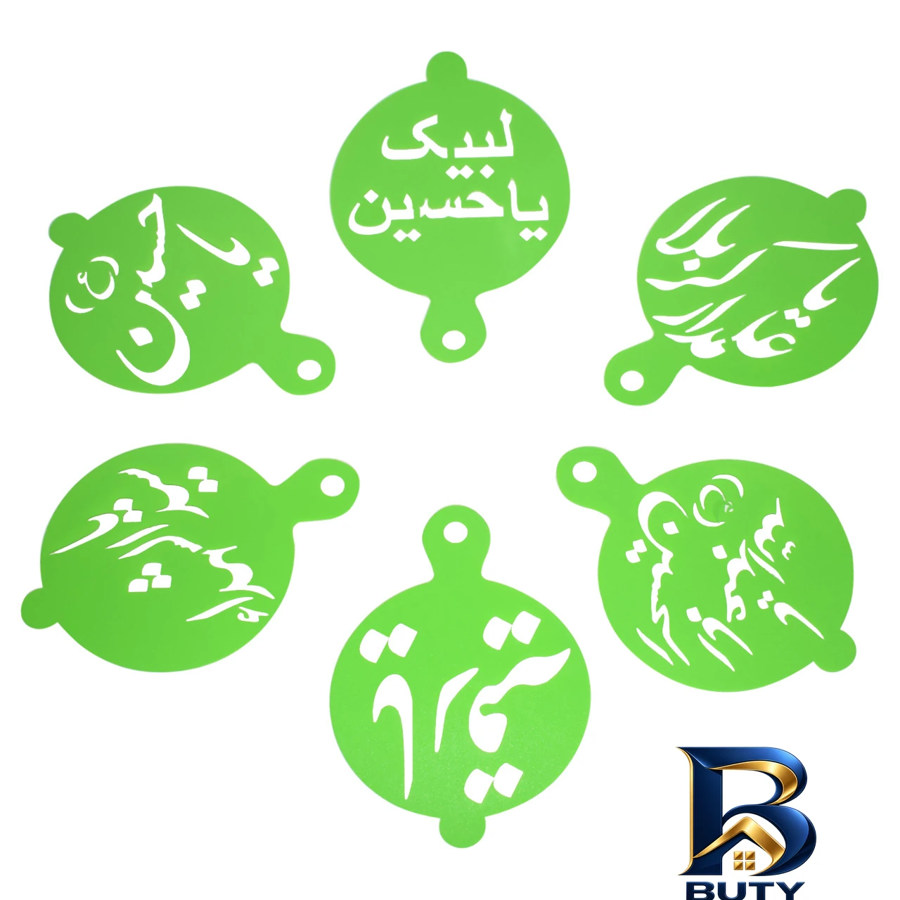 نمای بسته بندی شابلون طرح اسما متبرکه مدل HF مجموعه ۶ عددی برچسب و بسته بندی