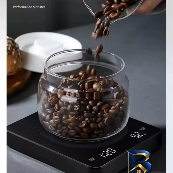 نمای بسته بندی ترازو دیجیتال آشپزخانه مدل BLACK COFFE برچسب و بسته بندی