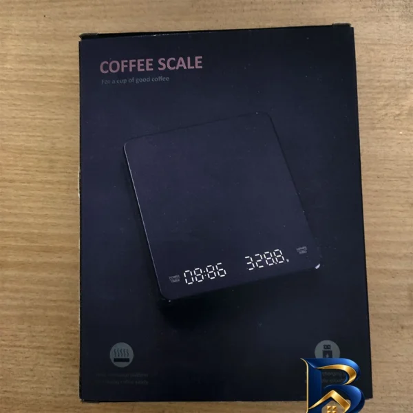 نمای بسته بندی ترازو آشپزخانه دیجیتال مدل تایمردار coffee scale حداکثر ظرفیت قابل اندازه گیری ۳ کیلوگرم با دقت ۰.۱ گرم اصل بر