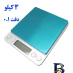 نمای بسته بندی ترازو آشپزخانه دیجیتال مدل ۳kilos حداکثر ظرفیت قابل اندازه گیری ۳ کیلوگرم با دقت ۰.۱ گرم اصل برچسب و بسته بندی