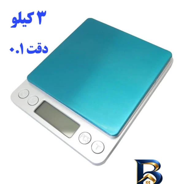 نمای بسته بندی ترازو آشپزخانه دیجیتال مدل ۳kilos حداکثر ظرفیت قابل اندازه گیری ۳ کیلوگرم با دقت ۰.۱ گرم اصل برچسب و بسته بندی