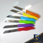 نمای بسته بندی چاقو آشپزخانه با تیغه استیل و دسته پلاستیک مدل اره ای کد 06 بسته 6 عددی برچسب و بسته بندی