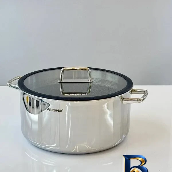 نمای بسته بندی قابلمه استیل عرشیا طراحی ارگونومیک با ظرفیت مناسب برچسب و بسته بندی