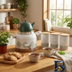 نمای بسته بندی ست کتری و قوری کیتچن ورپلاتا مدل Greeny Flor گنجایش ۶ لیتر ۰.۵ لیتر مجموعه ۵ عددی اصل برچسب و بسته بندی