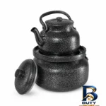 نمای بسته بندی ست کتری و قوری آلومینیومی مدل کتابی با ظرفیت ۲ لیتر ۱ لیتر برچسب و بسته بندی