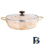 نمای بسته بندی تابه گرانیتی نچسب با درب پیرکس و طراحی ویژه برچسب و بسته بندی