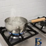 نمای بسته بندی شیرجوش استیل با دسته چوبی کد 35481 برچسب و بسته بندی