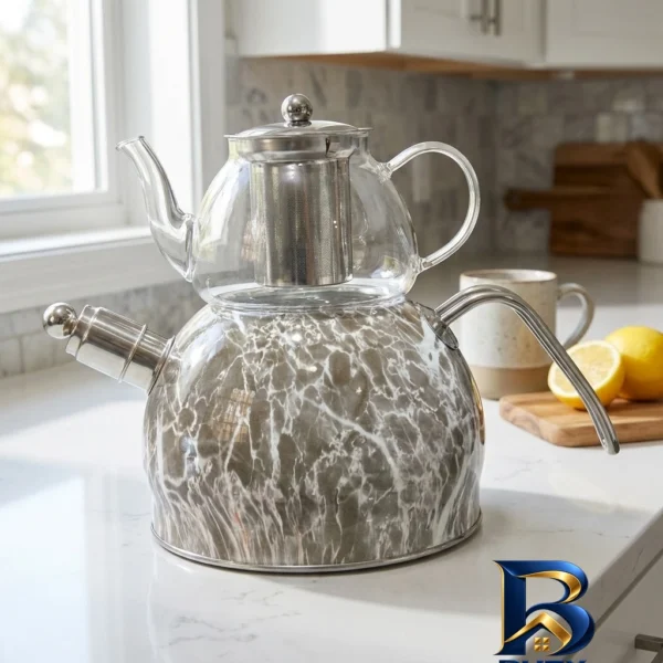 نمای بسته بندی ست کتری و قوری هوم لوکس مدل AL-۹۸۵۷B گنجایش ۳ لیتر گنجایش ۰.۷ لیتر اصل برچسب و بسته بندی