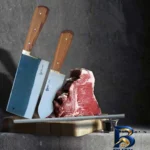 نمای بسته بندی سرویس چاقو آشپزخانه ۳ پارچه با تیغه فولادی و دسته چوبی الماس زنجان مدل قصابی کد g-۰۱ اصل برچسب و بسته بندی