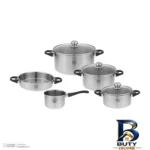 نمای بسته بندی سرویس پخت و پز 8 پارچه پارس استیل مدل سه لایه کد 08 برچسب و بسته بندی