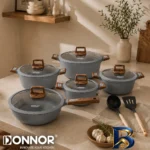 نمای جلو سرویس قابلمه و تابه گرانیتی ۱۵ پارچه دونار مدل Novara طراحی و جزئیات کلیدی