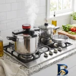 نمای جزئیات زودپز دوقلو استیل DSC با در شیشه ای پرداخت و جزئیات مواد