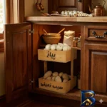 نمای جزئیات سبد پیاز و سیب زمینی مدل چوبی دو طبقه کلاسیک پرداخت و جزئیات مواد