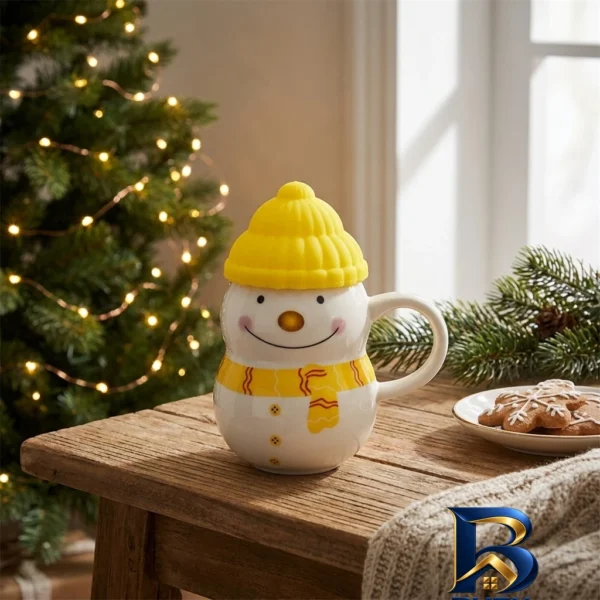 نمای بسته بندی ماگ آدم برفی طرح Happy Christmas برچسب و بسته بندی