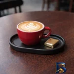 نمای جزئیات سینی بدون دسته بیضی ملامین مدل Cafe، کد Mel۰۲، دارای فرورفتگی جای فنجان، مناسب سرو نوشیدنی و مخلفات، ابعاد ۱۵.۵×۹