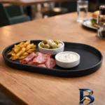 نمای جزئیات سینی بدون دسته ملامین مدل cafe کد Mel۰۱ با فرم بیضی، ابعاد ۲۴×۱۲×۱ سانتی متر، مناسب سرو با شستشو دست و ماشین ظرفش