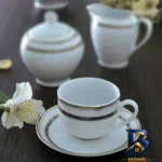 نمای جزئیات ست فنجان و نعلبکی ۱۲ پارچه چینی زرین ایران مدل ایتالیا اف ۸ پرشیا سرمه ای درجه یک پرداخت و جزئیات مواد