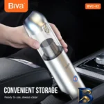 نمای جزئیات جارو شارژی خودرو بیوا مدل BVC-۰۲s با توان مکش ۱۲۰ AirWatt، باتری ۲۲۰۰mAh، ظرفیت مخزن ۲۰۰ml، چراغ قوه و چراغ چشمک