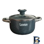 نمای جزئیات قابلمه گرانیتی لاوان با در شیشه ای و دسته های آلومینیومی پرداخت و جزئیات مواد