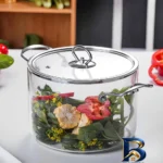 نمای جزئیات قابلمه پیرکس با دسته استیل مناسب برای اجاق و فر پرداخت و جزئیات مواد