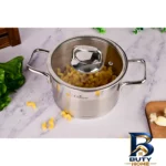نمای جزئیات قابلمه یونیک با در شیشه ای و بدنه استیل پرداخت و جزئیات مواد