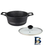 نمای جزئیات قابلمه گرانیتی کلاسیک دو دسته با در پیرکس پرداخت و جزئیات مواد