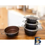 نمای جزئیات سرویس تابه و قابلمه گرانیتی 7 پارچه رز کالا مدل آرنیکا پرداخت و جزئیات مواد