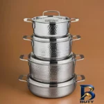 نمای جزئیات سرویس قابلمه استیل ۸ پارچه کاراجا مدل Voyager پرداخت و جزئیات مواد