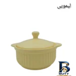 نمای جزئیات قابلمه سرامیکی کارولین کیچن با در شفاف پرداخت و جزئیات مواد