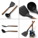 نمای جزئیات سرویس ملاقه و کفگیر سیلیکونی دو پارچه مدل سیلیکو وود پرداخت و جزئیات مواد