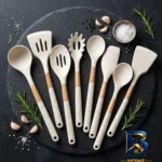 نمای بسته بندی سرویس ملاقه و کفگیر سیلیکون 8 پارچه آر اس مدل خالدار مهر کیسه و مواد
