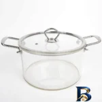 نمای جزئیات قابلمه شیشه ای لراوا با دسته استیل و گنجایش 3. پرداخت و جزئیات مواد