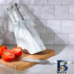 نمای جزئیات سرویس چاقو آشپزخانه ۶ پارچه کاراجا مدل ماربل پرداخت و جزئیات مواد