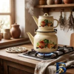 نمای جزئیات ست کتری و قوری لعابی طرح کدو با گنجایش 3/5 لیتری پرداخت و جزئیات مواد