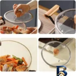 نمای جزئیات قابلمه پیرکس شیشه ای با دسته چوبی و قابلیت شست شو پرداخت و جزئیات مواد