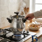 نمای جزئیات زودپز عظیما با بدنه آلومینیومی و دستگیره های نسوز پرداخت و جزئیات مواد