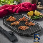 نمای جزئیات تابه گریل چدن نالینو با قابلیت دو طرفه پرداخت و جزئیات مواد