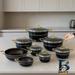 نمای جزئیات سرویس پخت و پز ۱۴ پارچه هلنا طرح چدن مدل لانه زنبوری پرداخت و جزئیات مواد