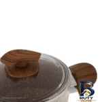نمای کناری قابلمه اویز گرانیتی با در شیشه و دسته باکالیت پروفایل و ساختار