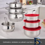 نمای کناری سرویس قابلمه و تابه استیل ۱۳ پارچه کاراجا مدل Pisir Sakla پروفایل و ساختار