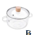 نمای کناری قابلمه شیشه ای پیرکس با دستگیره چوبی و دو دسته پروفایل و ساختار